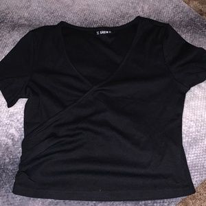 black cross V-neck shirt crop top, small